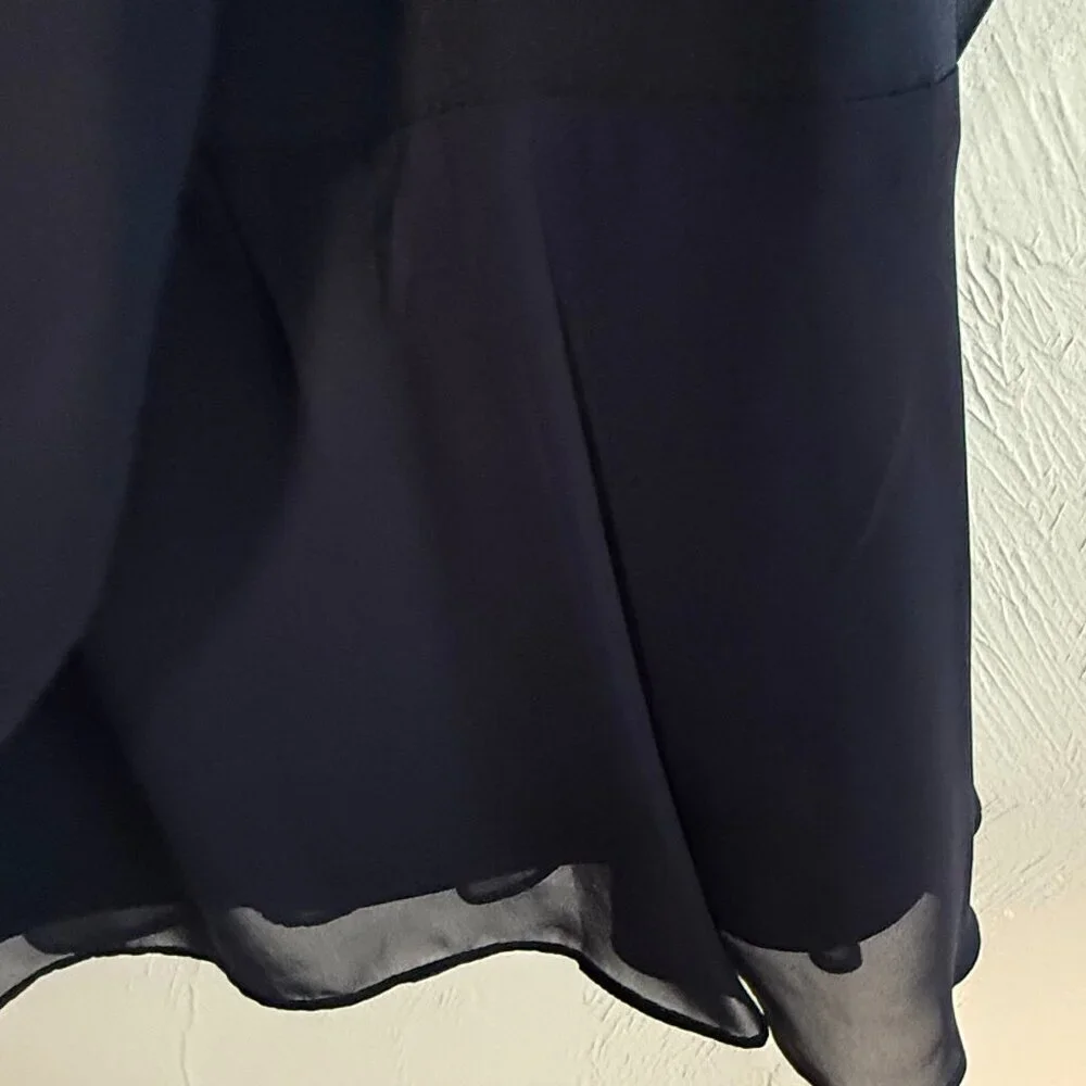 Jeweled V-Neck Chiffon Overlay Flutter Short-Sleeve Navy Blue Shift Dress - Picture 7 of 8